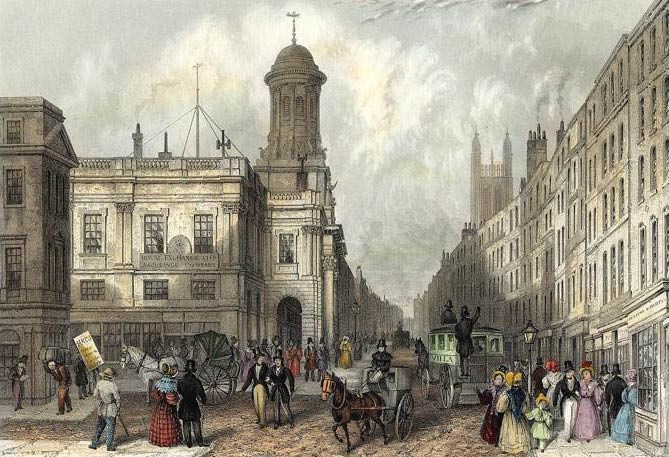 1837 view of Cornhill and the Royal Exchange's clock tower, shortly before it burned down