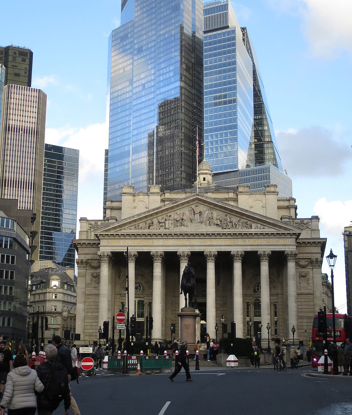 The Royal Exchange amid the modern skyline at Bank junction, City of London