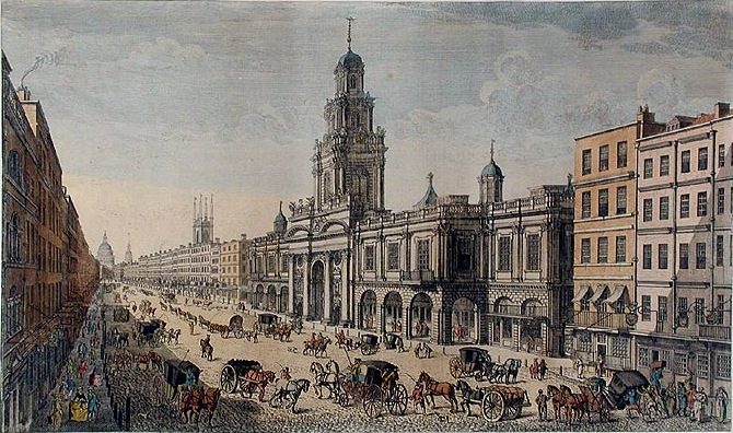 1751 hand-coloured view of the second Royal Exchange on Cornhill