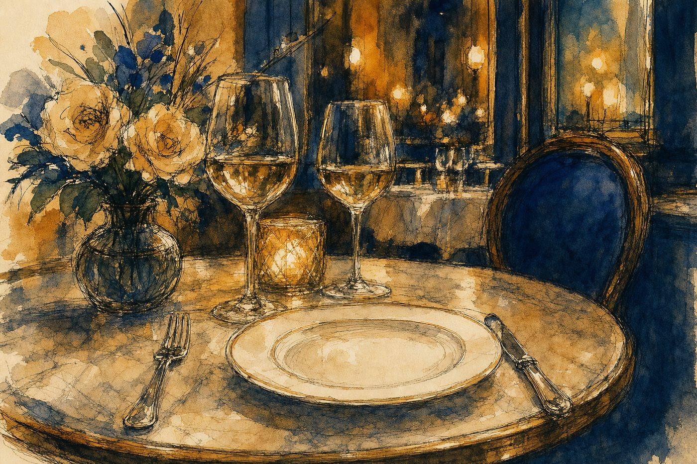 Illustration of a table setting evoking the Royal Exchange's dining history