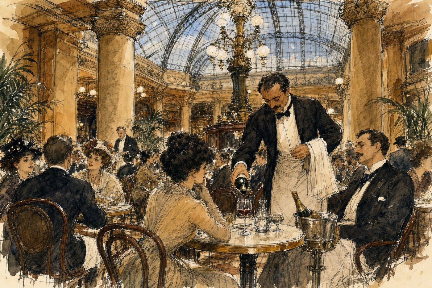 Illustration of a Belle-Époque-style brasserie under a glass atrium roof, evoking the Grand Café