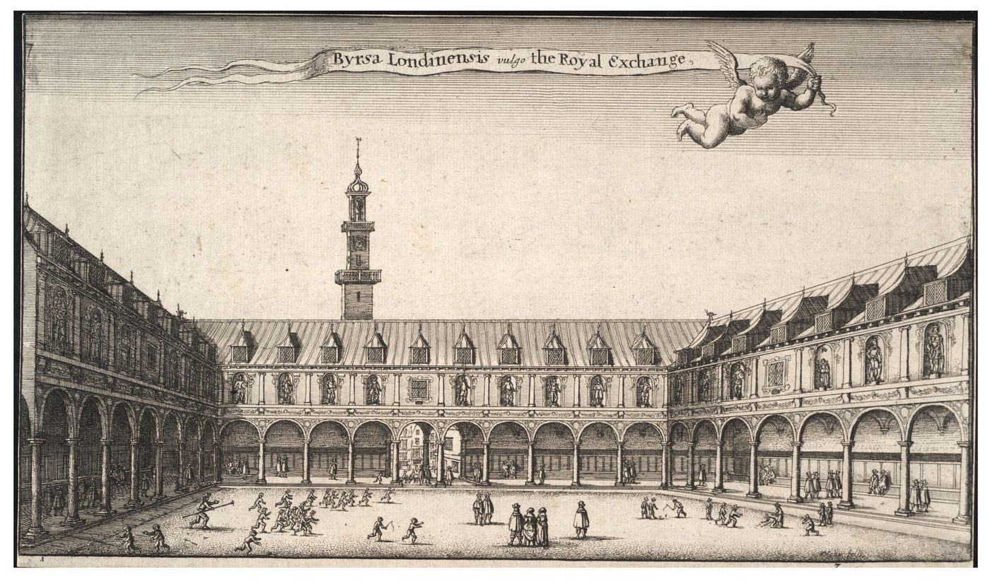 17th-century engraving of the second Royal Exchange, rebuilt after the Great Fire
