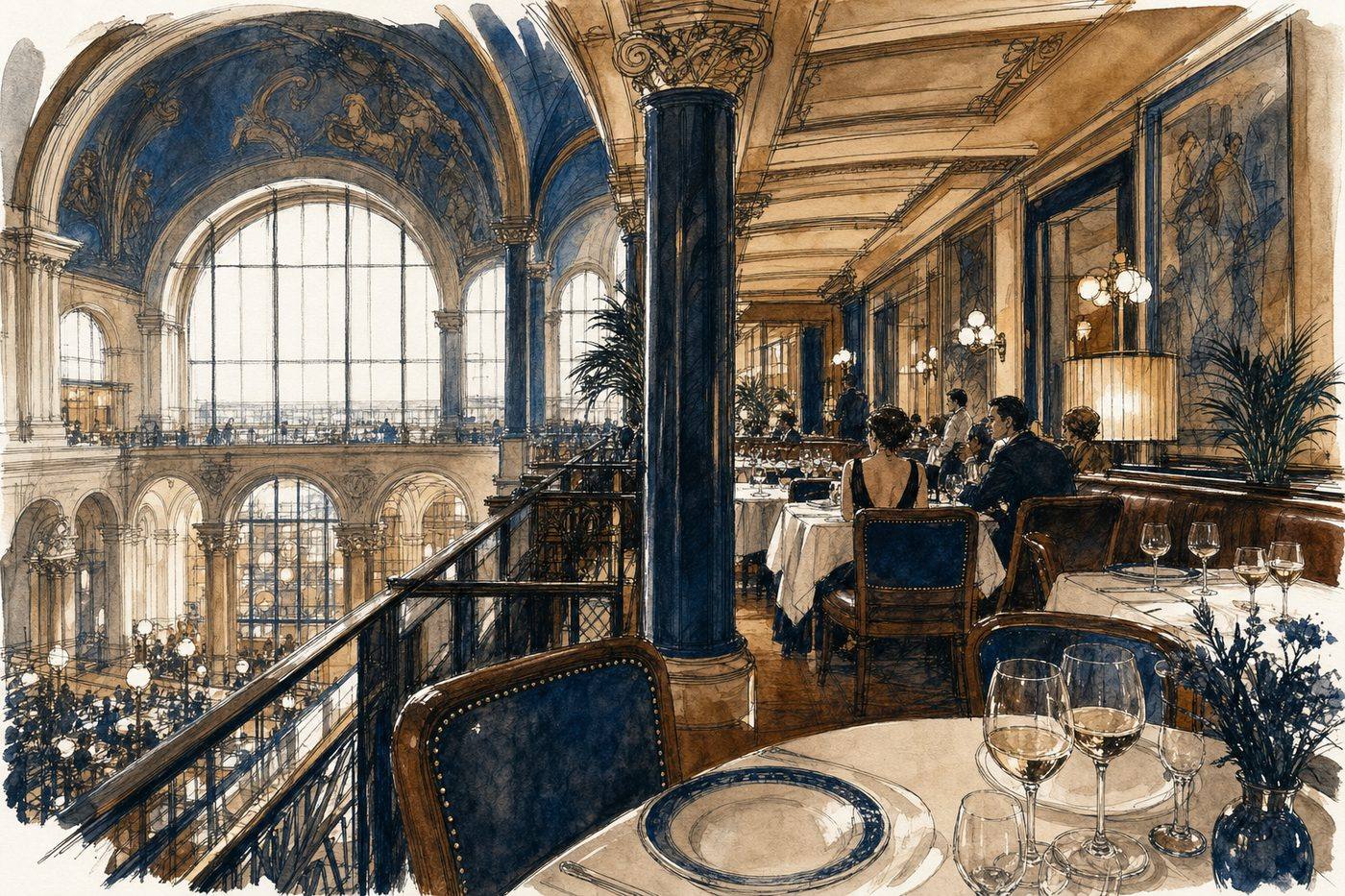 Illustration of a mezzanine restaurant in blue and cognac tones, evoking Sauterelle